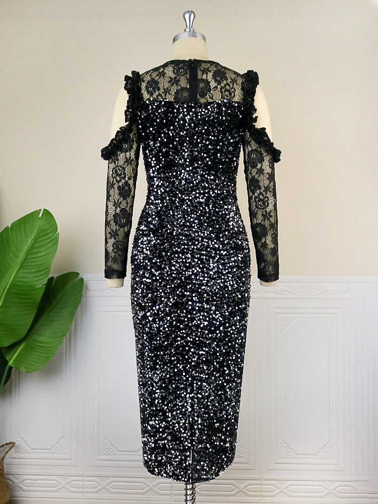 AOMEI Black Velvet Dress Women Sequin Glitter Vintage Cold Shoulder Lace Long Sleeve Shiny Prom Luxury Bling Evening Party Gowns