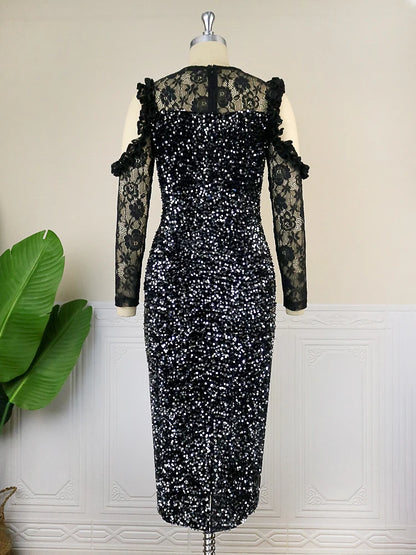 AOMEI Black Velvet Dress Women Sequin Glitter Vintage Cold Shoulder Lace Long Sleeve Shiny Prom Luxury Bling Evening Party Gowns