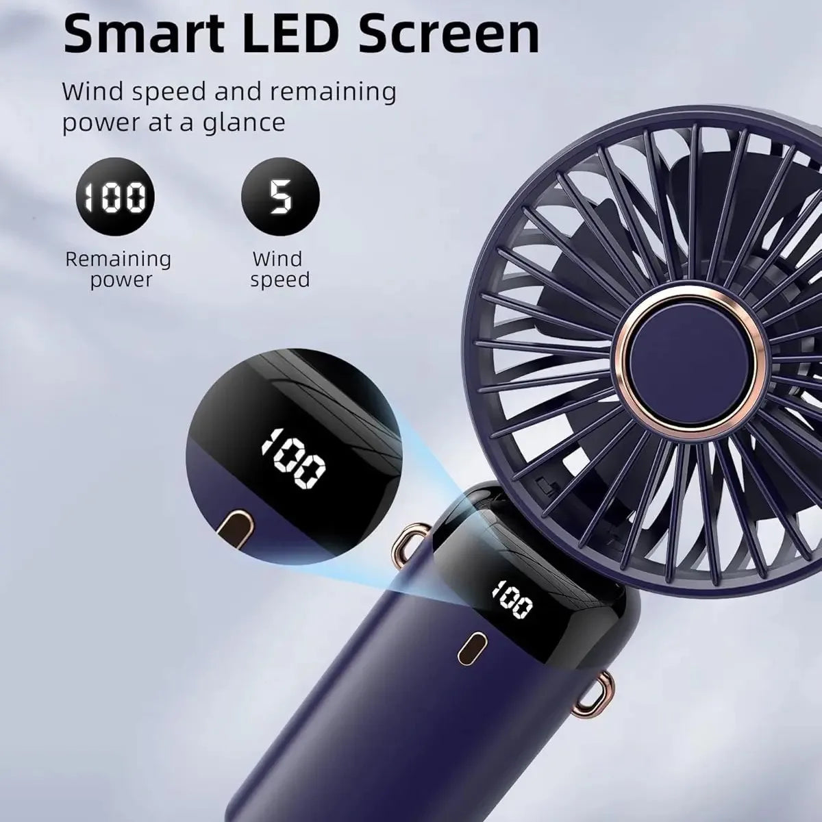 Portable Handheld Mini Fan with Stand, 90° Foldable, 5 Speed Wind,Hand Held/Neck/Desk 3 in 1 Personal Fan,3-6 Hours Battery Life