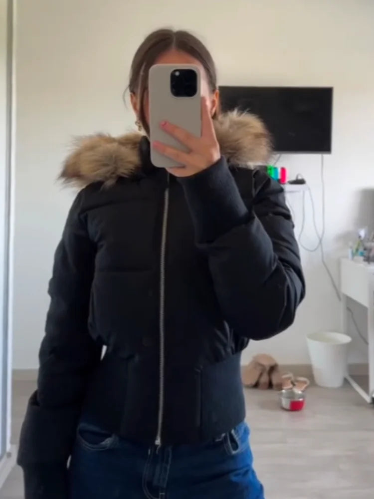 Fashion Faux Fur Hooded Quilted Coat For Women Casual Full Sleeve Zipper Pocket Cropped Jacket Lady 2025 Winter Street Outerwear