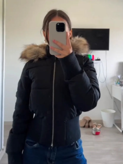 Fashion Faux Fur Hooded Quilted Coat For Women Casual Full Sleeve Zipper Pocket Cropped Jacket Lady 2025 Winter Street Outerwear