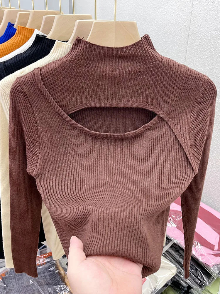 2025 Autumn Winter Sexy Hollow Out Women Sweaters Tops Slim Vintage Jumper Soft Warm Pull Female Casual Pullover Knitted Sweater