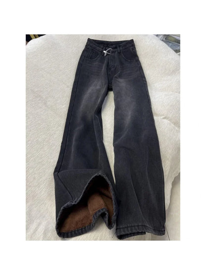 American High Street INS Trendy Wide Leg Jeans for Women Autumn Winter Plus Velvet Thick High Waist Loose Narrow Straight Pants