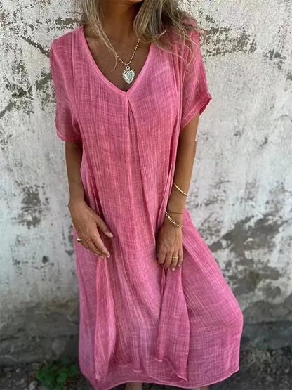 Women's Short-sleeved Cotton and Linen Dress V-neck Loose Large Size Casual Vacation Street Thin Long Skirt