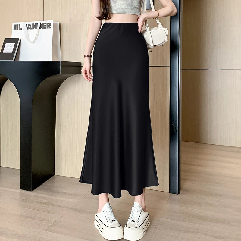 Wine Red Streetwear Summer Satin Trumpet Skirt For Women High Waist Casual Elegant Fashion Long Mermaid Skirts Female