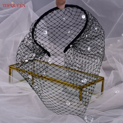 TOPQUEEN VA12 Wedding Birdcage Veil Bridal Blusher Veil White Headband Veil for Bridal Fascinators Black Face Net Mask Bachelore