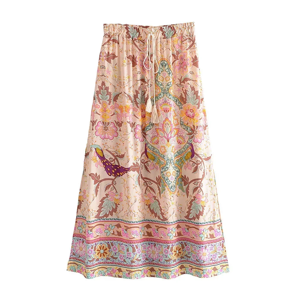 Boho Queens Peacock Women Vintage Floral Printed Tassel Beach Bohemian Maxi Skirts Ladies Elastic Waist Rayon Long Skirt