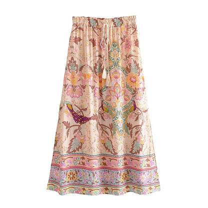 Boho Queens Peacock Women Vintage Floral Printed Tassel Beach Bohemian Maxi Skirts Ladies Elastic Waist Rayon Long Skirt