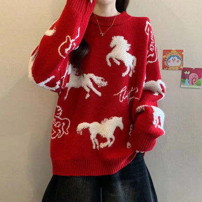 Couple red sweater men's and women's new birth year autumn and winter Chinese New Year  Horse thickened knitted sweater jacket