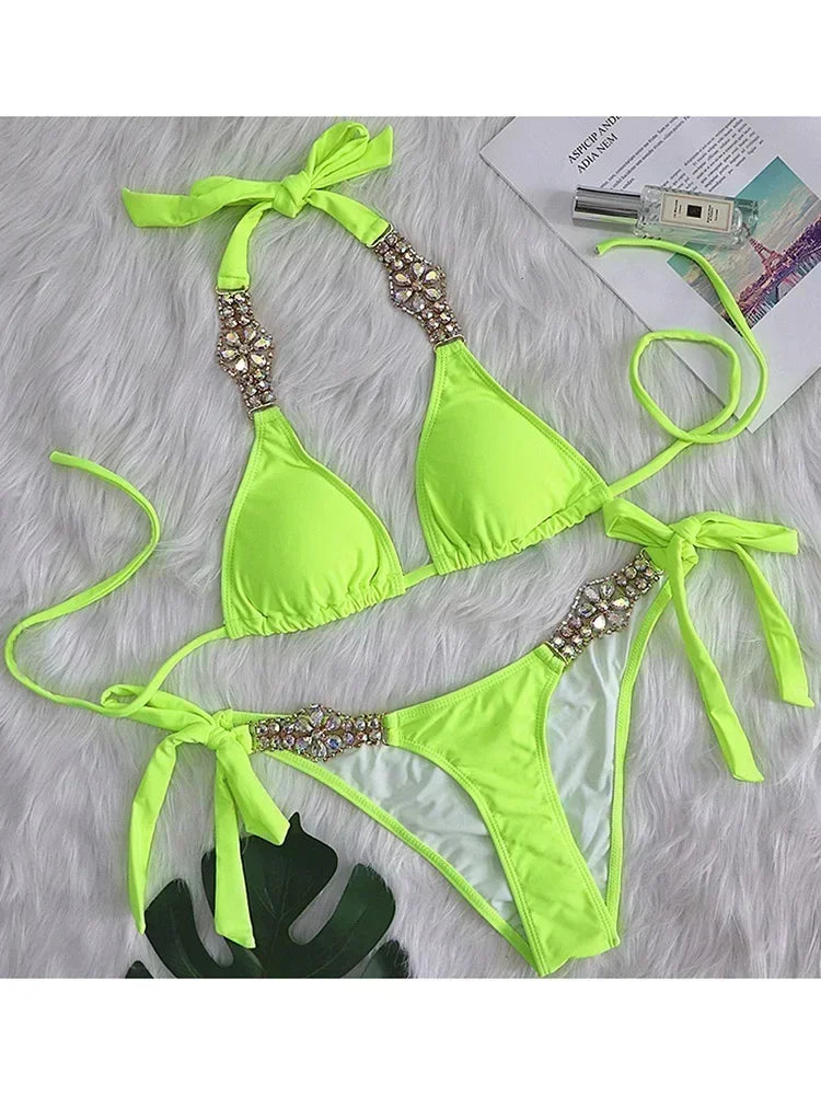 Halter Crystal Rhinestone Diamond Bikini 2025 Female Swimsuit Women Swimwear Two Pieces Bikini set Brazilian Bathing Suit Swim