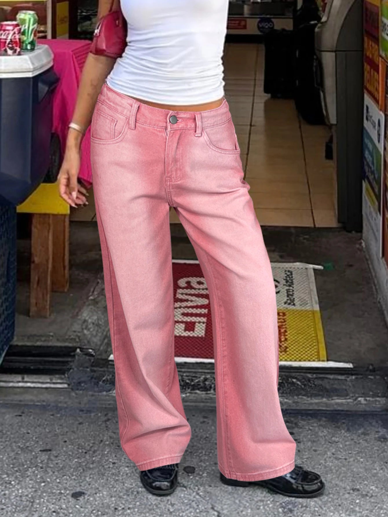 Street Pink Solid Gradient Washed Wide-Leg Jeans Mid-Rise Slant Pockets Suitable For Casual Everyday Streetwear All Season Match
