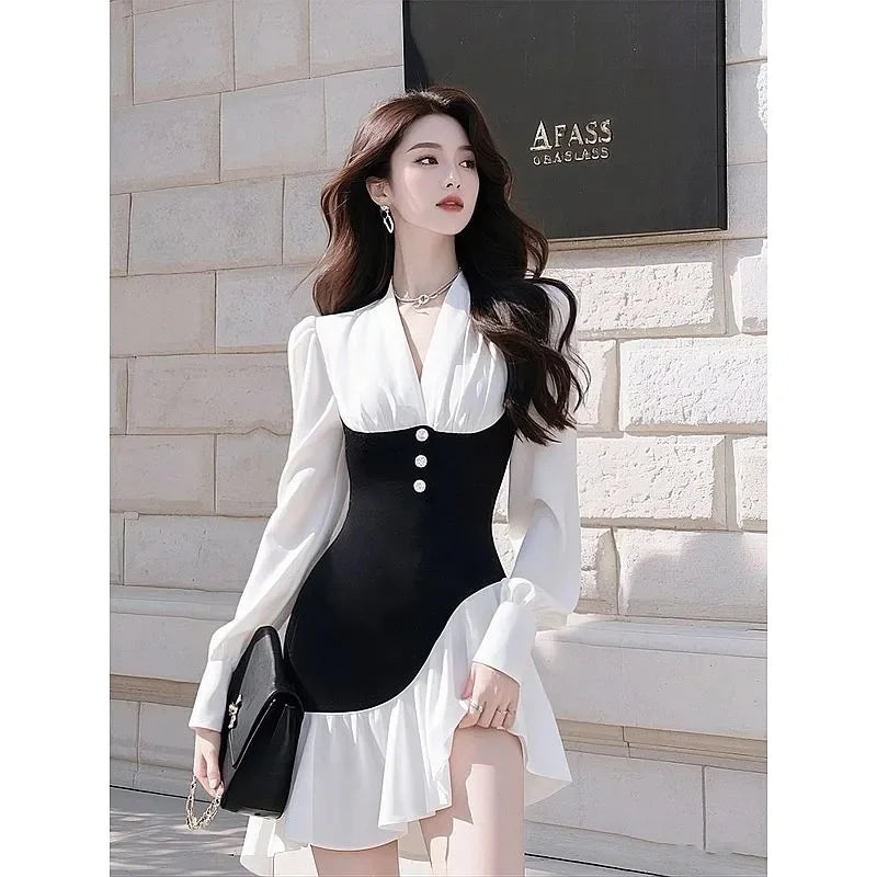 Super Beautiful White Contrasting Shirt Dress For Women Spring 2025 High-End French Waist Cinched Ruffle Edge Professional Dress