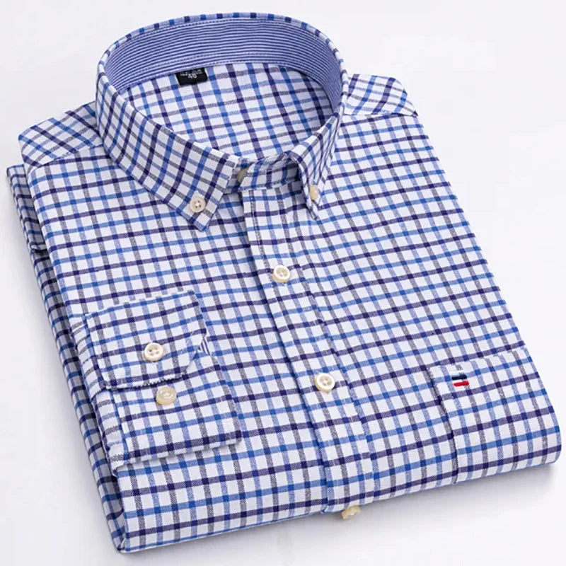 Men's Long Sleeve Oxford Dress Shirt 100% Cotton Plaid Checkered Chest Pocket Button Down Collar Casual Shirts