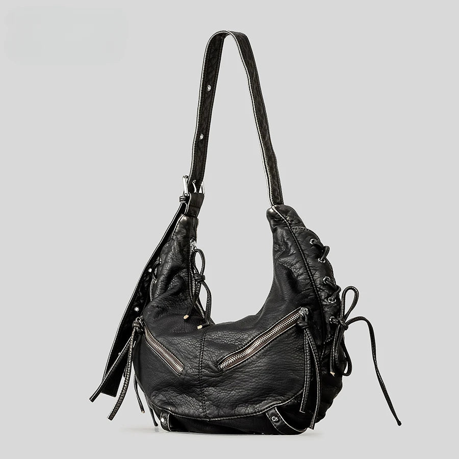 Strappy Punk Style Motorcycle Underarm Bag for Women Messenger Bag Large Capacity Soft PU Leather Female Shoulder Bag Handbag