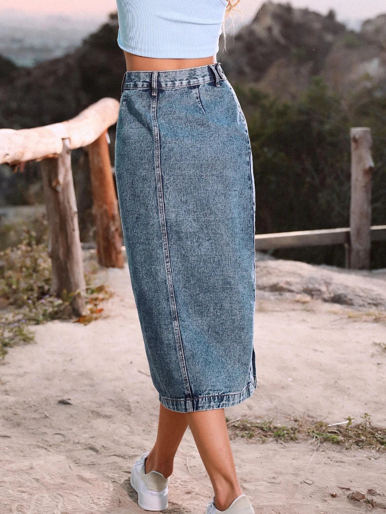 2023 Women's Button A-line Side Split High Waist Denim Skirt Office Lady Black Blue Midi Jean Skirts Autumn Winter Long Skirt