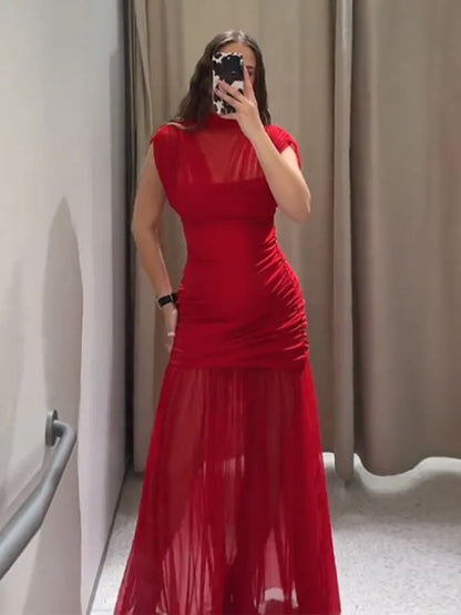 Sexy Red Pleated Mesh Long Red Dress Sleeveless See Through Patchwork A-line Party Dresses Female 2025 Summer Lady Slim Robes