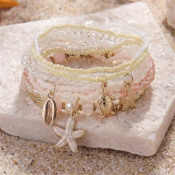 Cute Coral Starfish Shell Multi-Layer Bracelet for Women Ocean Series Fashion Stackable Beaded Jewelry Accessories