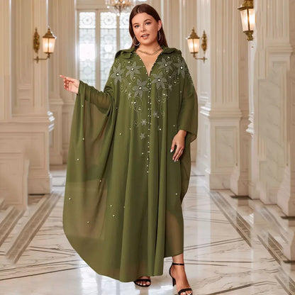 Middle East African Dresses for Woman Luxury Diamond Bead Muslim Long Robe Veiled Women Wearing Hooded Cloak Bat Sleeve Dress
