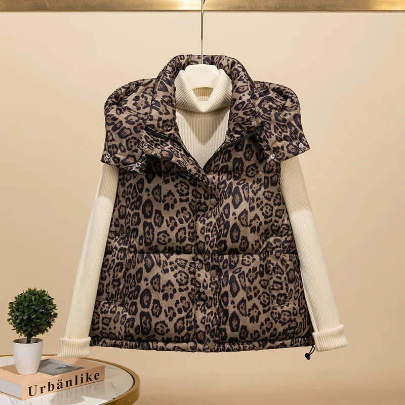 Autumn Winter Leopard Print Cotton Vest For Women American Fashion Hooded Sleeveless Jacket Casual High Street Warm Coat