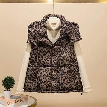 Autumn Winter Leopard Print Cotton Vest For Women American Fashion Hooded Sleeveless Jacket Casual High Street Warm Coat