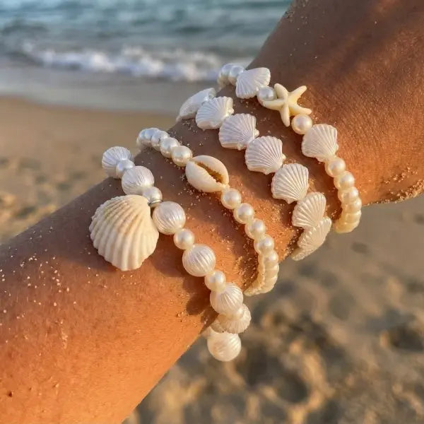 Cute Coral Starfish Shell Multi-Layer Bracelet for Women Ocean Series Fashion Stackable Beaded Jewelry Accessories