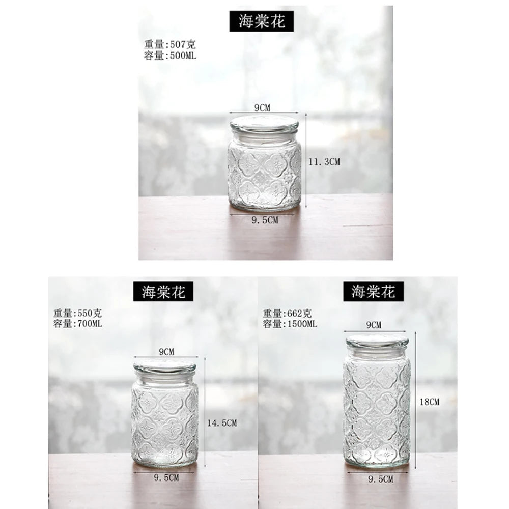 Retro Transparent Glass Sealed Jar Glass Lid Storage Jar Begonia Flower Glass Bottle Candy Storage Jar Kitchen Storage Supplies