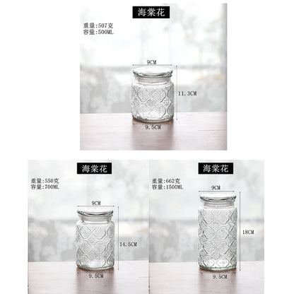 Retro Transparent Glass Sealed Jar Glass Lid Storage Jar Begonia Flower Glass Bottle Candy Storage Jar Kitchen Storage Supplies