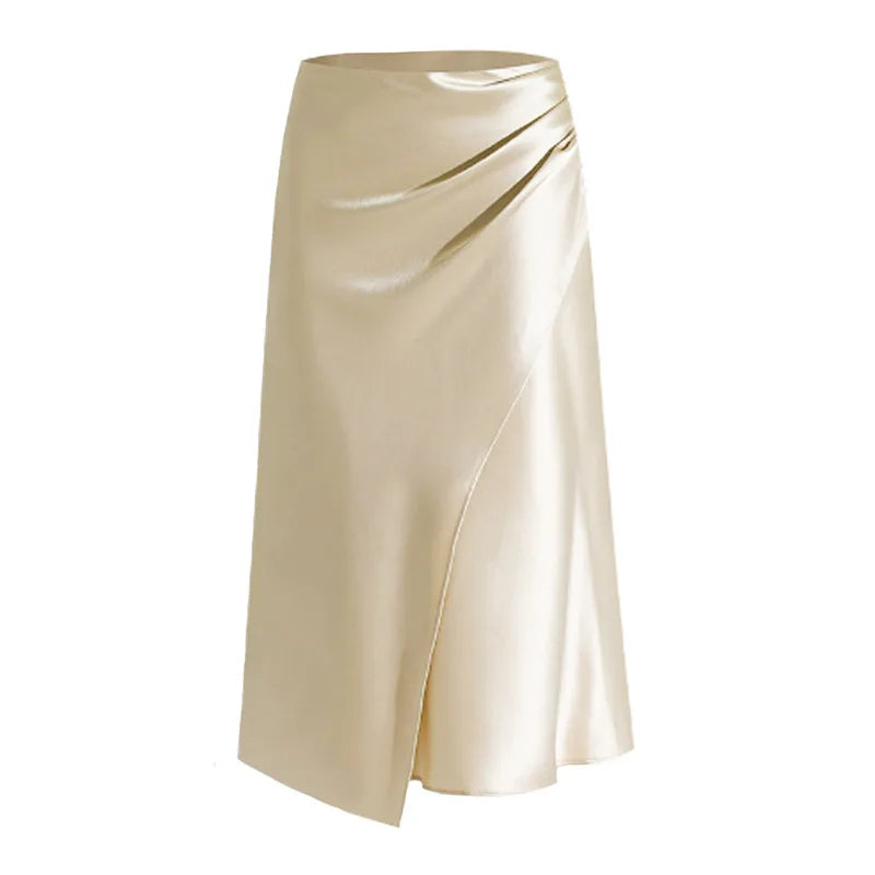 New In 2025 Women's Summer High Waist Satin Pleated Split Green Long Skirt Solid Color Zipper Office Lady Party Elegant Skirts