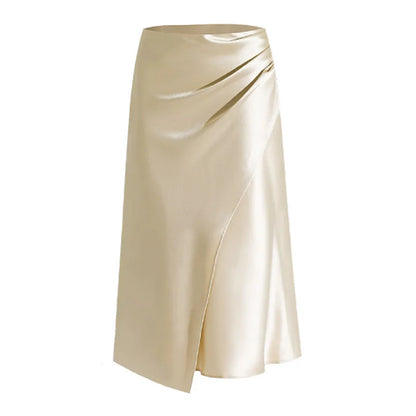New In 2025 Women's Summer High Waist Satin Pleated Split Green Long Skirt Solid Color Zipper Office Lady Party Elegant Skirts