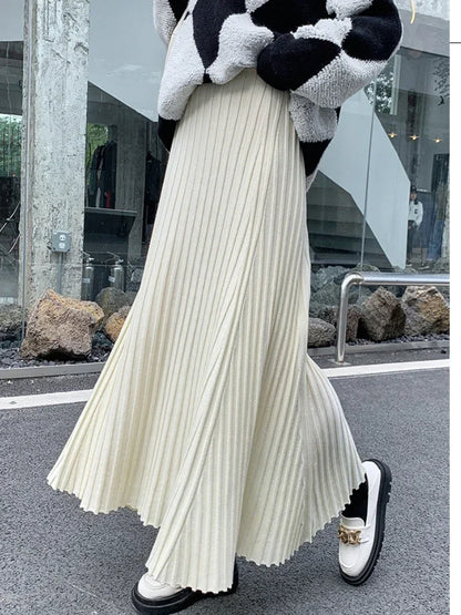 Autumn Winter Women's Long Skirt High Waist Knitted A-line Pleated Skirt Ladies Elegant Solid Gray Loose Casual Skirts for Women