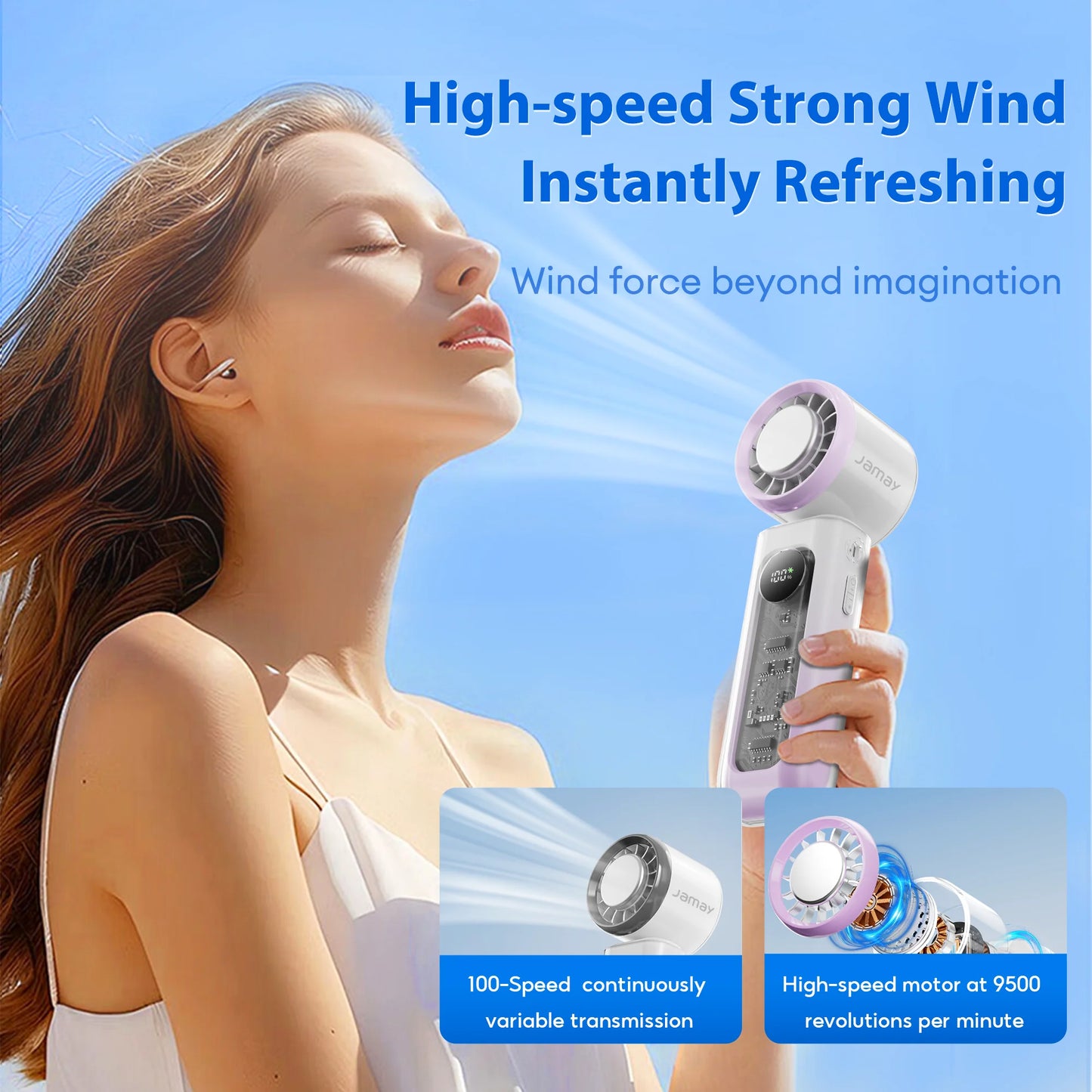 Portable Handheld Fan Transparent Design LED Digital Display 100 Gear Strong Wind Speed 135°Foldable 24-hour Battery Life F27