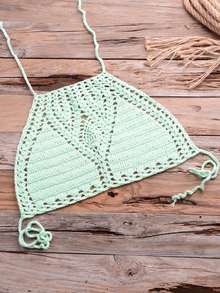 Sexy Crochet Bikinis Sets Handmade Knitted Cotton Swimwear Swimsuit Top + Bottom Bandage Women Sexy Beachwear Biquinis