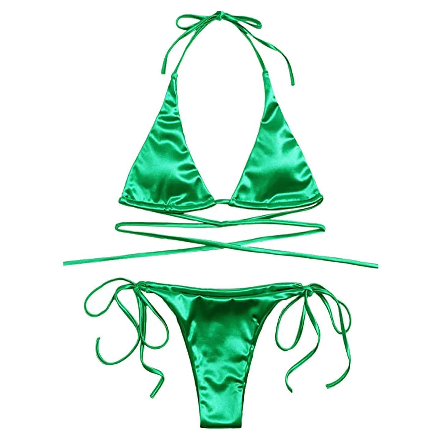Brazilian Bikini Set Women Halter Neck Triangle Cup Swimwear Low Waist Satin Bandage Bikini Swimwear Summer Beach Bathing Suit