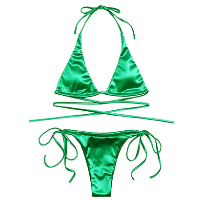 Brazilian Bikini Set Women Halter Neck Triangle Cup Swimwear Low Waist Satin Bandage Bikini Swimwear Summer Beach Bathing Suit