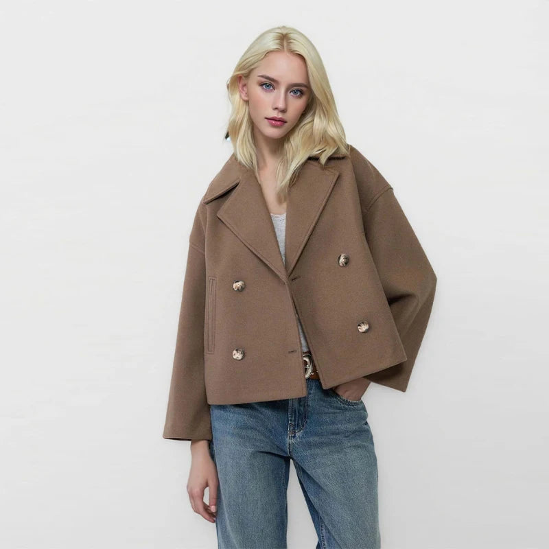 Casual Short Woolen Blends Coats Women Loose Lapel Bouble Breasted Pocket Full Sleeve Jacket 2025 Autumn Winter Lady Solid Coat