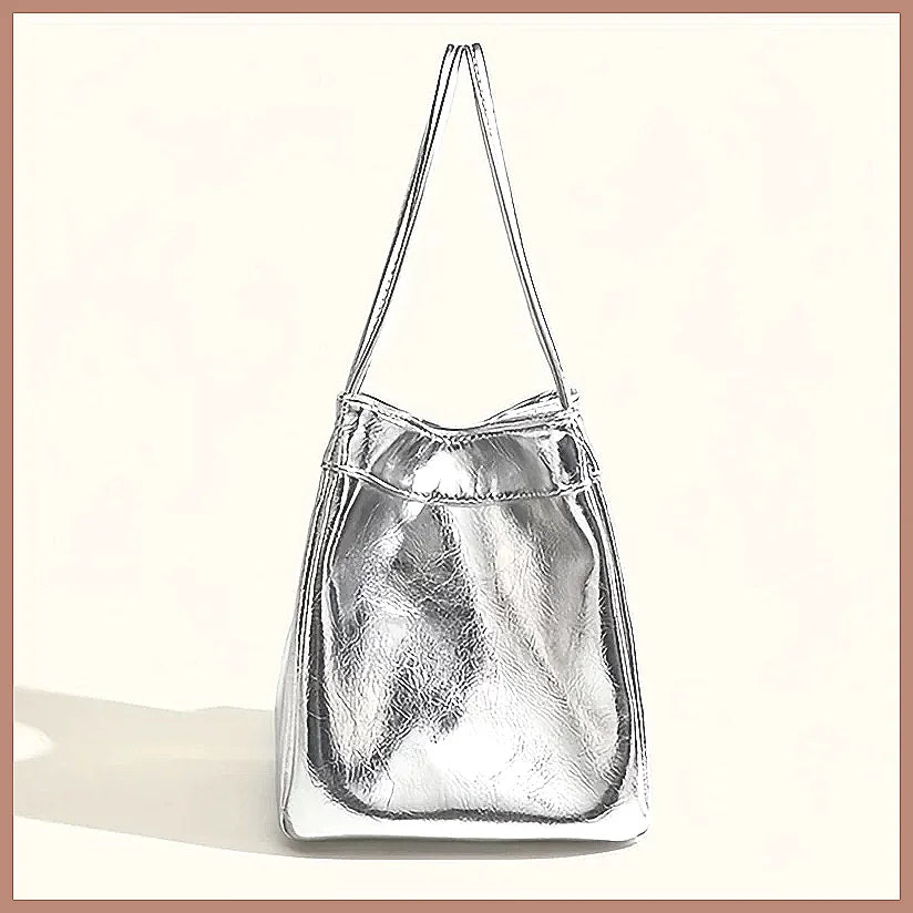 Sparkling Silver Mini Drawstring Bucket Bag, PU Glittery Crossbody Handbag with Wallet for Women