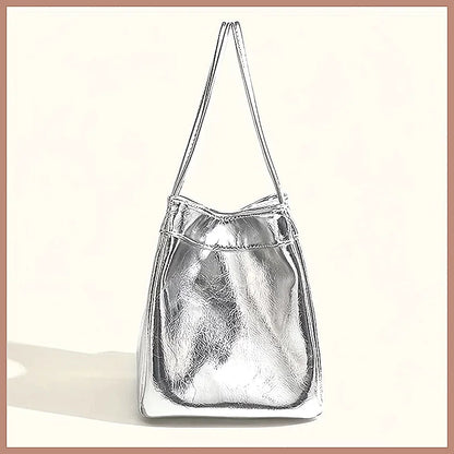Sparkling Silver Mini Drawstring Bucket Bag, PU Glittery Crossbody Handbag with Wallet for Women