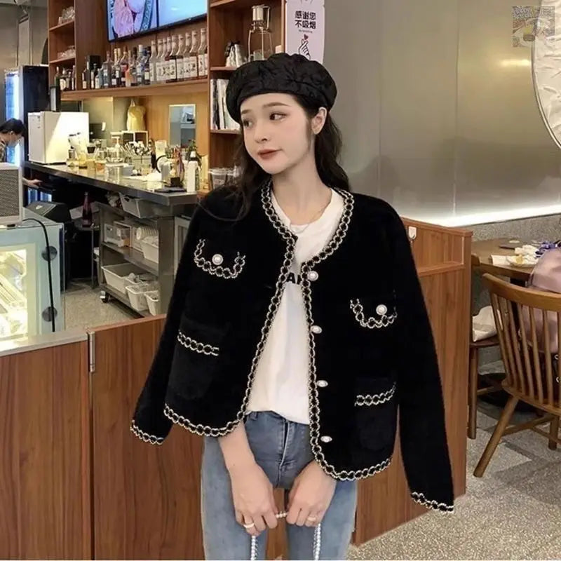 Fragrant Spring Autumn Autumn and Winter Cardigan Short New Mink Jacket Temperament Sweater Versatile Knitted Top