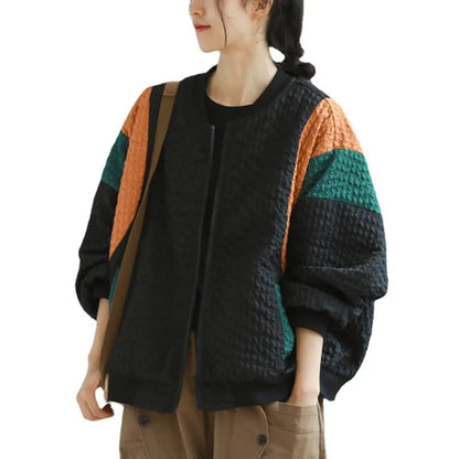 Johnature 2025 Autumn And Winter Woman New Fashion Loose Zipper O-Neck Jacket Splicing Long Sleeves Contrast Casual Jacket