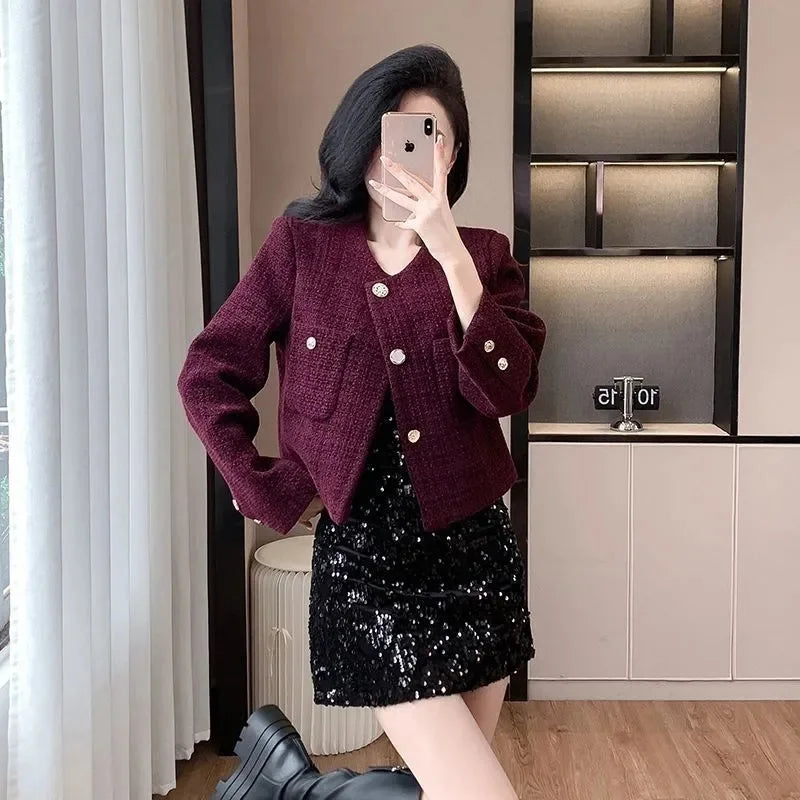 2025 Korean Purple Tweed Short Jacket Women's Coarse Woolen Coat Spring Autumn O-neck Single-breasted Streetwear Lady Outerwear