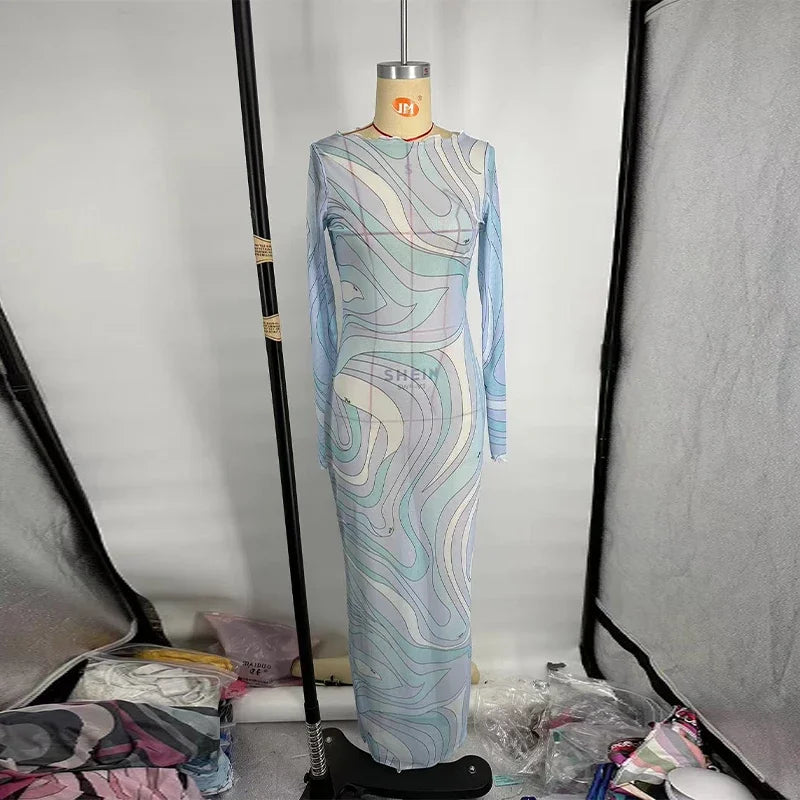 Fashion Mesh Print Long Dress For Women O-neck Sleeveless Hip Package Transparent Slim Robes 2025 Summer Female Beach Dresses