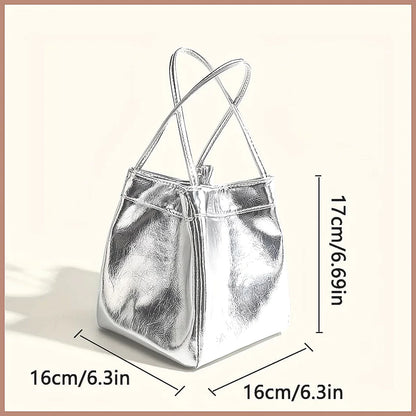 Sparkling Silver Mini Drawstring Bucket Bag, PU Glittery Crossbody Handbag with Wallet for Women