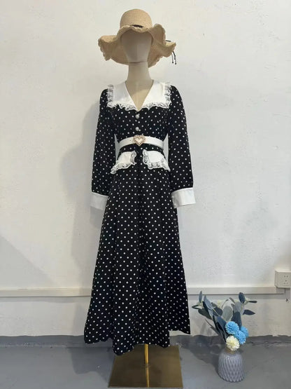 Fashion Slim Print Women'S Dress Elegant Doll Collar Long Sleeve Office Midi Dresses Casual High Waist Female Dress