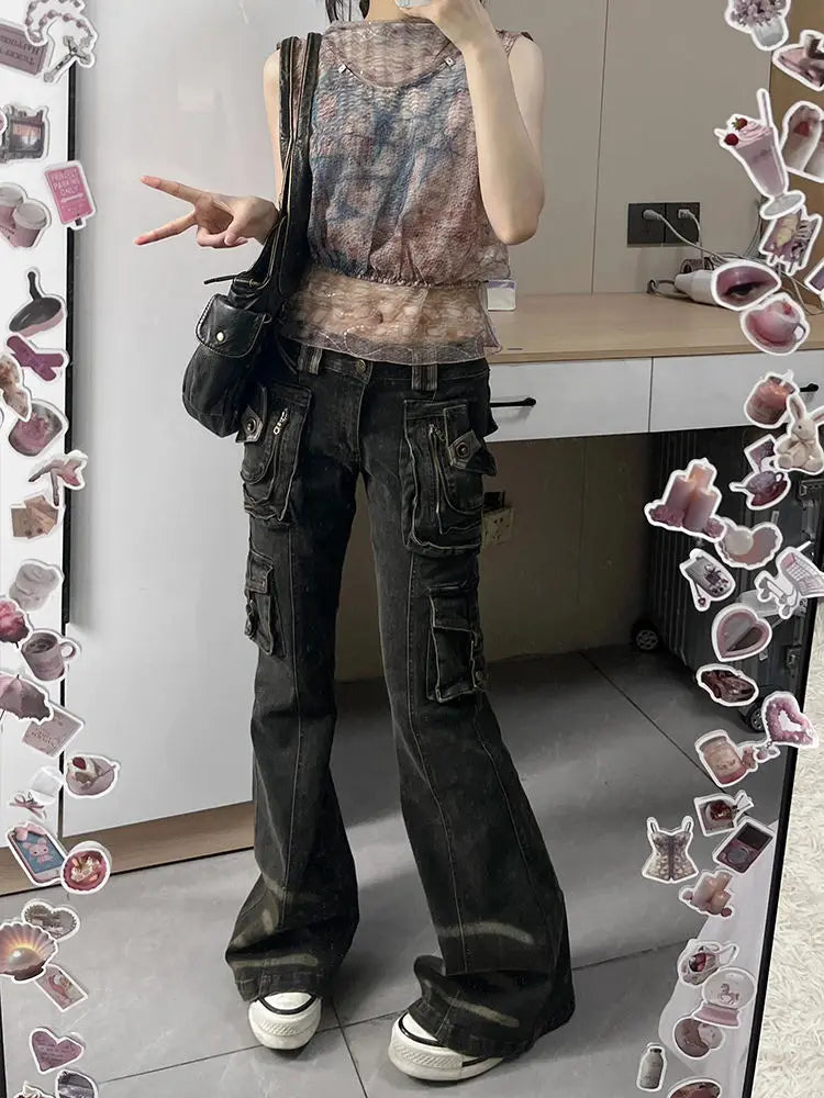 Women's Black Gothic Y2K Jeans Baggy Aesthetic Denim Trousers Harajuku Streetwear Jean Pants Vintage 2000s Trashy Clothes 2024