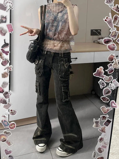 Women's Black Gothic Y2K Jeans Baggy Aesthetic Denim Trousers Harajuku Streetwear Jean Pants Vintage 2000s Trashy Clothes 2024