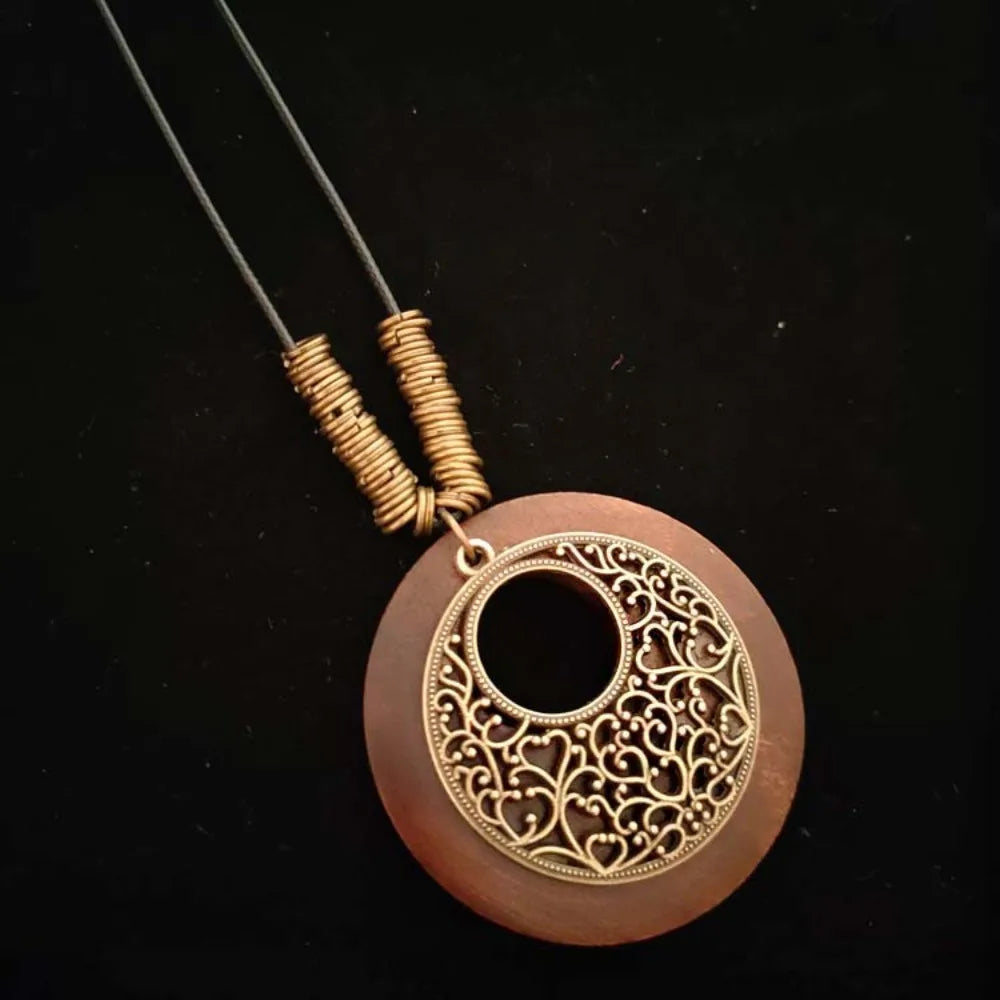 Retro Ethnic Round Wooden Leaf Owl Long Sweater Chain Necklace Women Vintage Clock Pendant Female Jewelry Neck Accessories Gifts