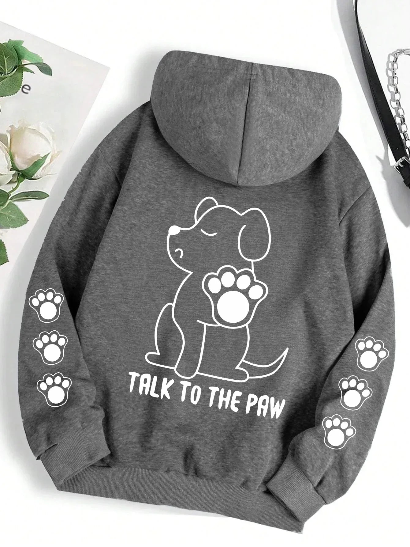 Talk To The Paw Funny Dog Cartoon Print Hoodie Women Warm Fleece Hoody Fashion Casual Hooded Autumn Loose Round Neck Woman Tops