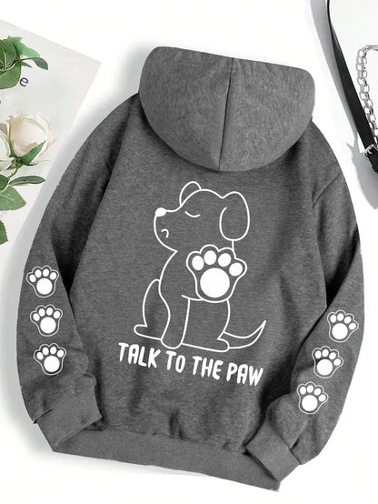 Talk To The Paw Funny Dog Cartoon Print Hoodie Women Warm Fleece Hoody Fashion Casual Hooded Autumn Loose Round Neck Woman Tops