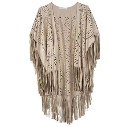 Women's Tassels Sleeveless Vest Hippie Faux Suede Fringe Jackets Cardigan Summer Hollow Waistcoat Outwear Tops