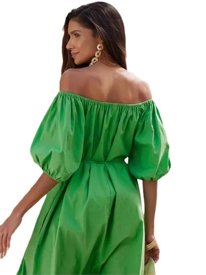 New Dress Casual Puff Sleeves Slant Shoulder Elegant Dress Fashion Green Loose Office Holiday Beach Party Dresses Robe Femme